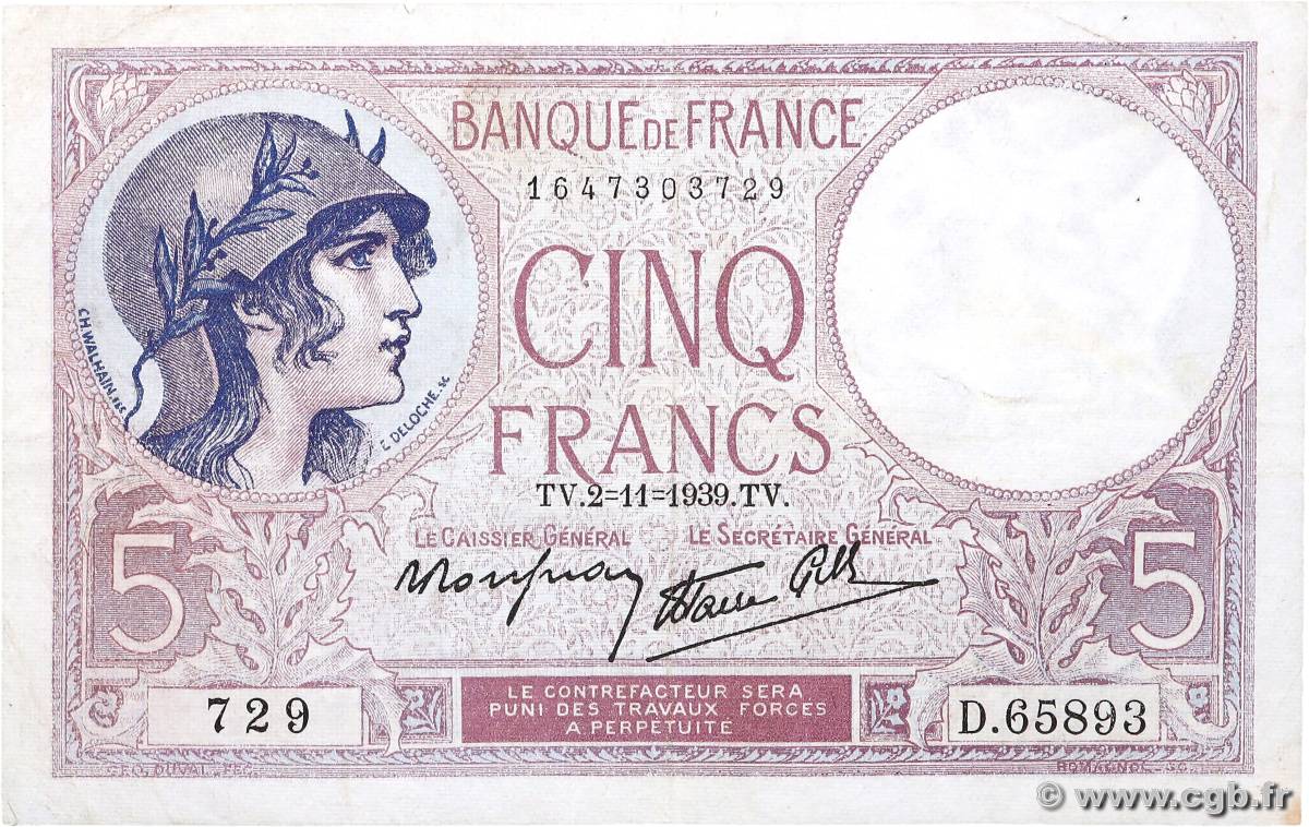 5 Francs FEMME CASQUÉE modifié FRANCE  1939 F.04.14 VF