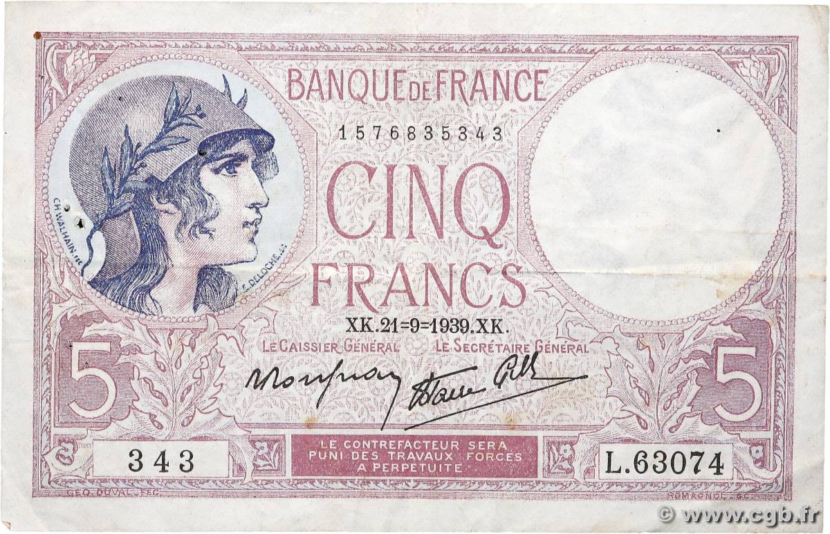 5 Francs FEMME CASQUÉE modifié FRANCE  1939 F.04.09 VF