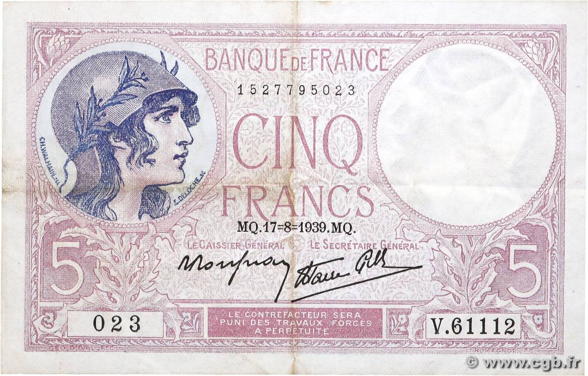 5 Francs FEMME CASQUÉE modifié FRANCE  1939 F.04.06 VF