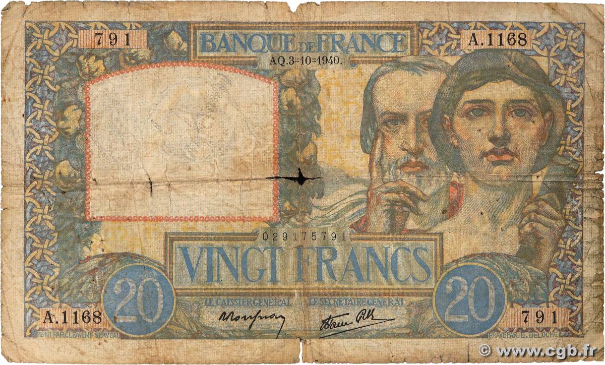 20 Francs TRAVAIL ET SCIENCE FRANKREICH  1940 F.12.08 SGE