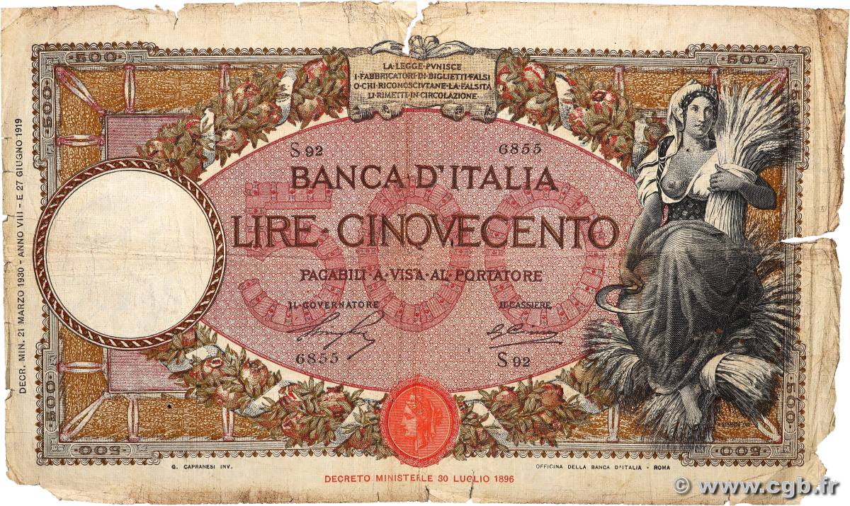 500 Lire ITALIE  1930 P.051b pr.B