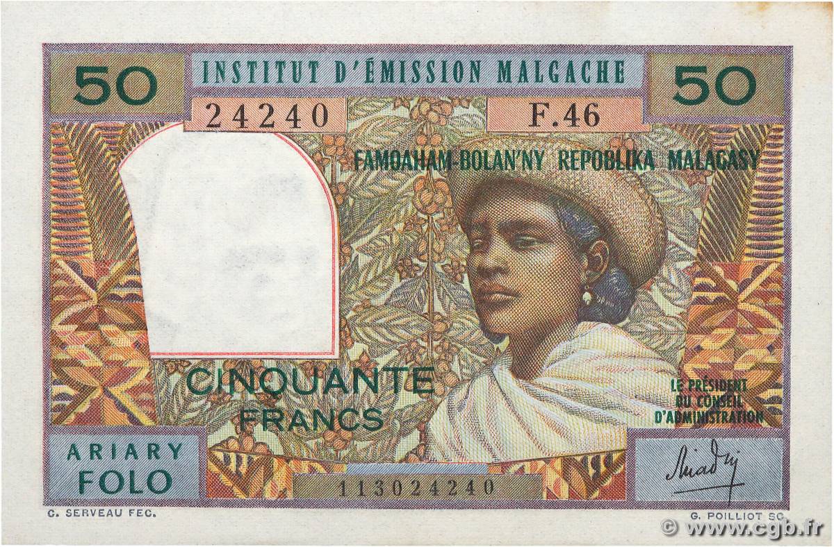 50 Francs - 10 Ariary MADAGASKAR  1969 P.061 VZ+