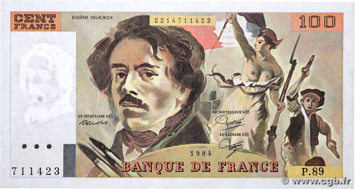 100 Francs DELACROIX modifié FRANKREICH  1984 F.69.08b fST