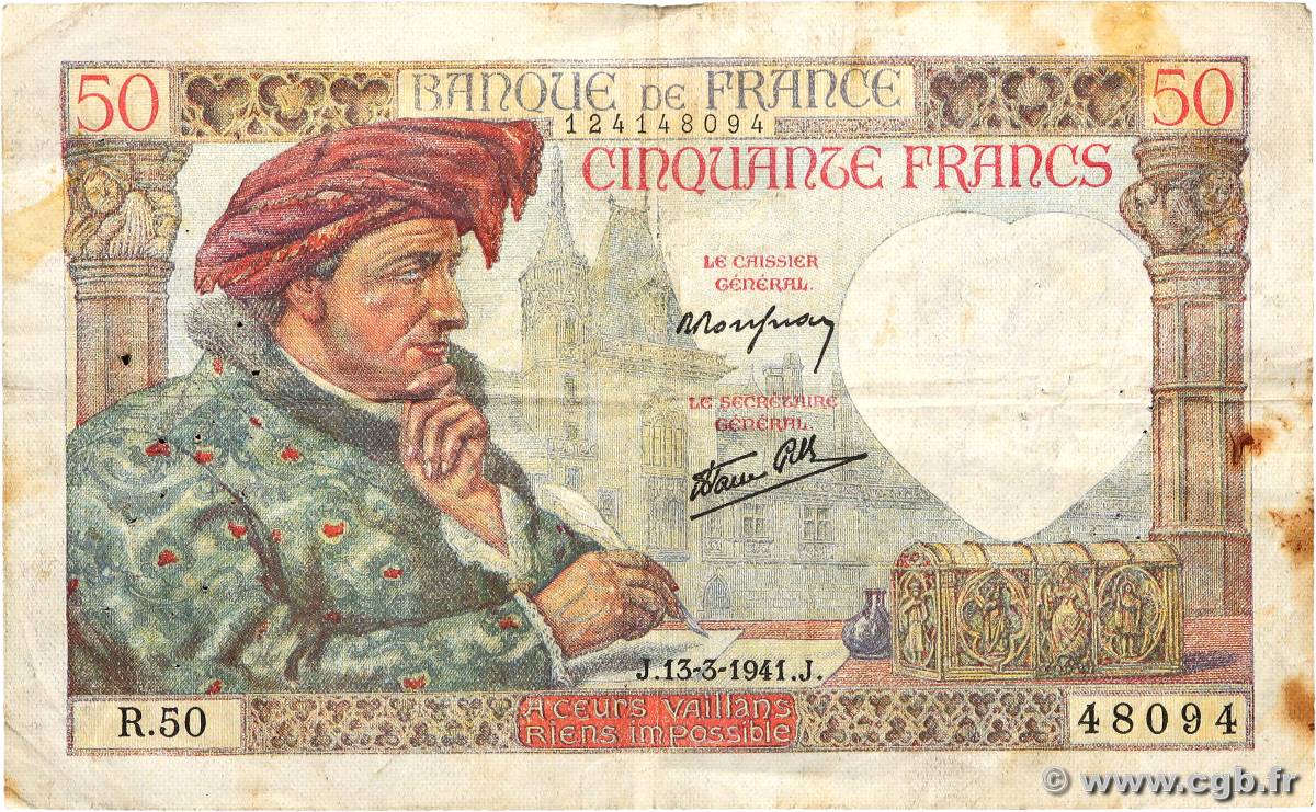 50 Francs JACQUES CŒUR FRANCE  1941 F.19.07 TB