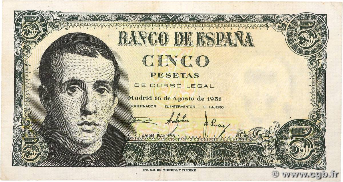 5 Pesetas ESPAGNE  1951 P.140a pr.SUP
