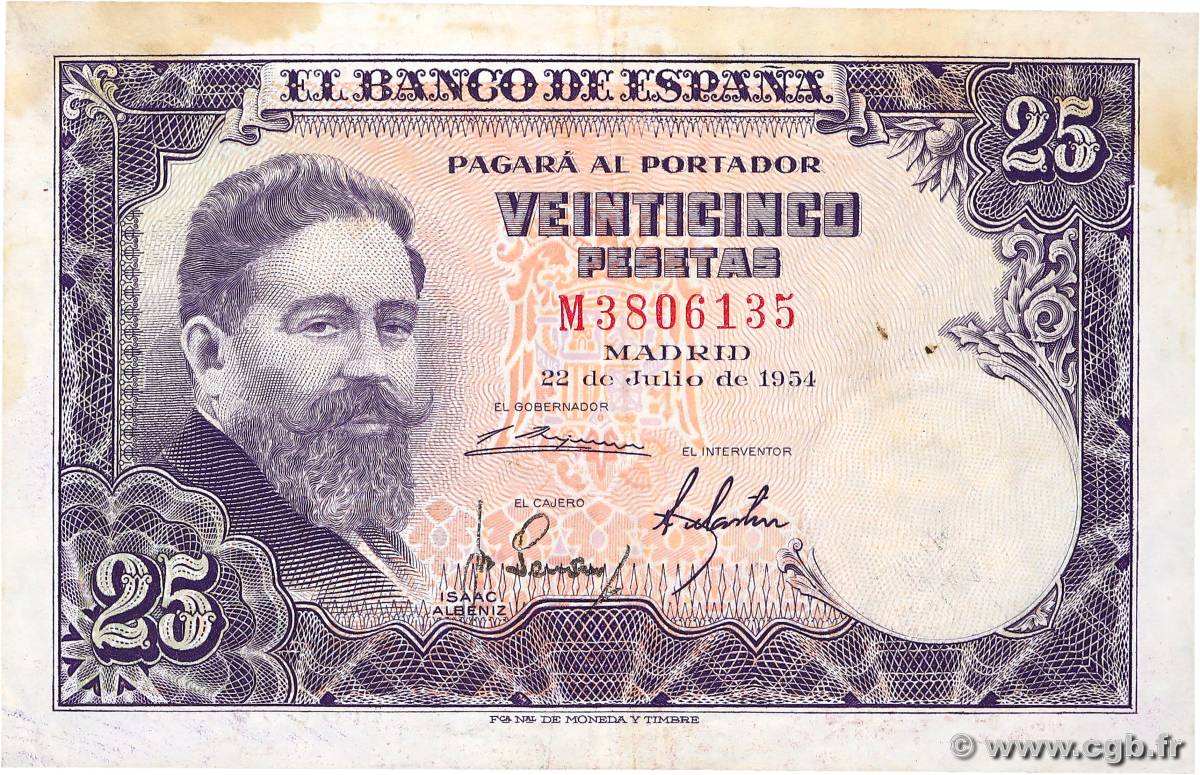 25 Pesetas ESPAGNE  1954 P.147a TTB