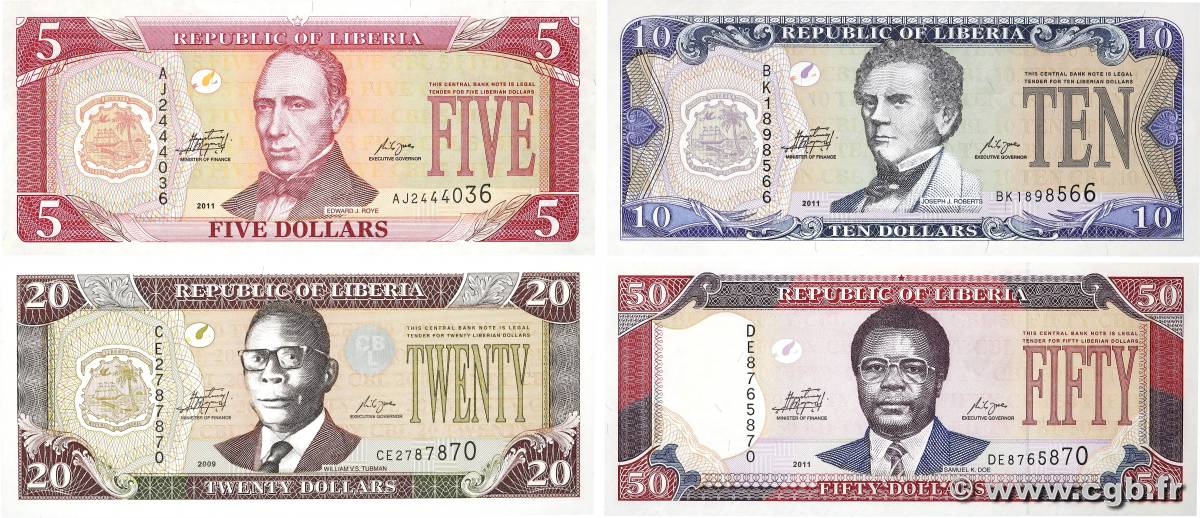 5 au 50 Dollars LOT LIBERIA  2009 P.26 au P.29 UNC