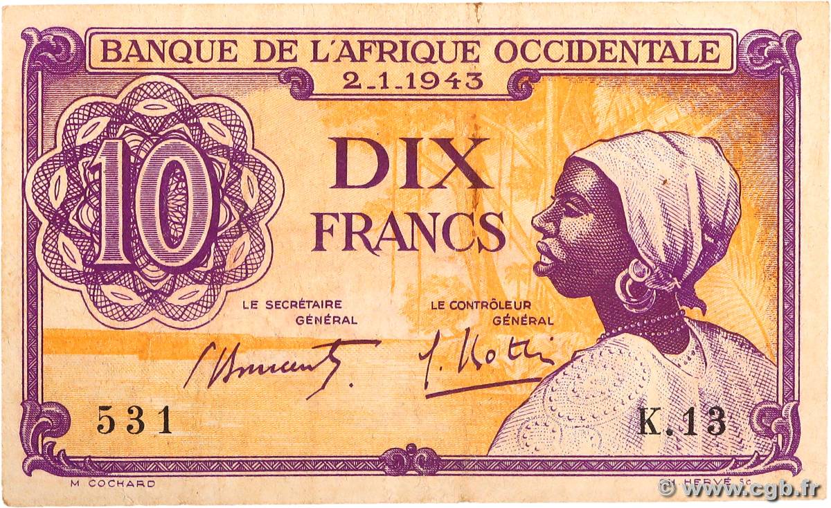 10 Francs AFRIQUE OCCIDENTALE FRANÇAISE (1895-1958)  1943 P.29 TTB