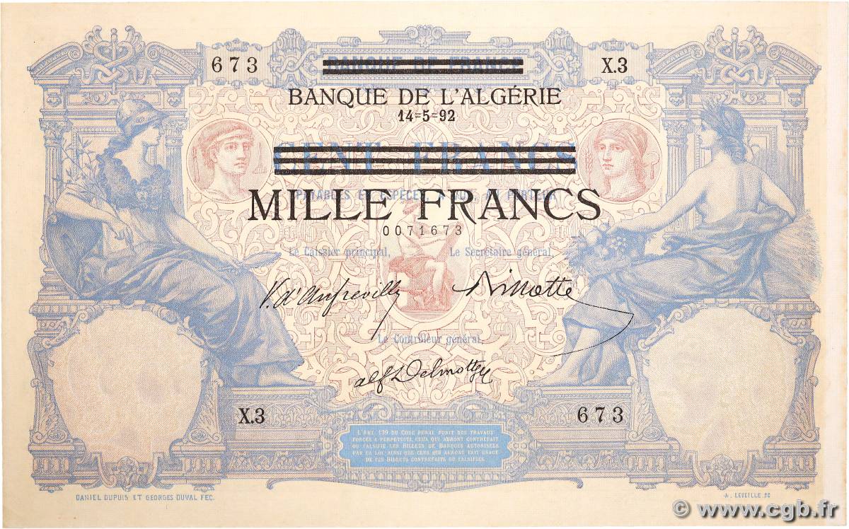 1000 Francs sur 100 Francs TúNEZ  1942 P.31 SC+