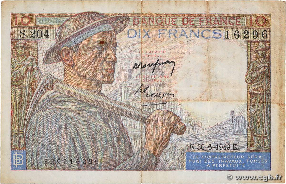 10 Francs MINEUR FRANCE  1949 F.08.22 TB