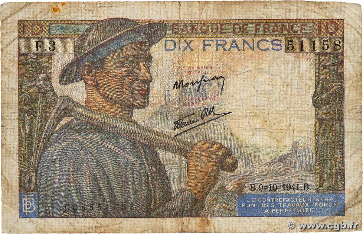 10 Francs MINEUR FRANCE  1941 F.08.02 VG