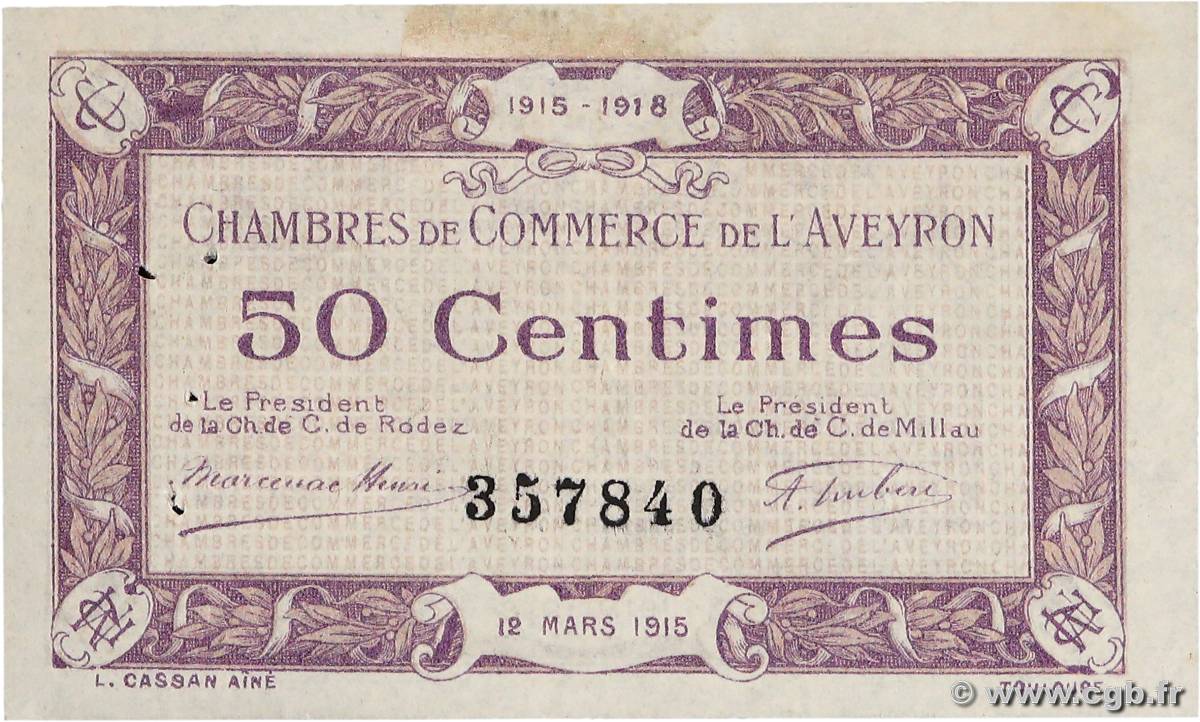 50 Centimes FRANCE régionalisme et divers Rodez et Millau 1915 JP.108.01 TTB+