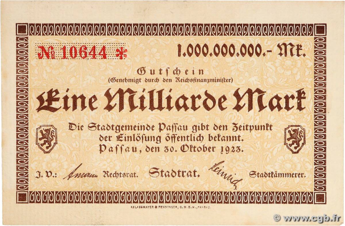 1 Milliarde Mark ALLEMAGNE Passau 1923  SUP+