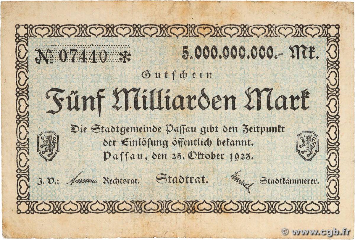 5 Milliarden Mark ALLEMAGNE Passau 1923  TB