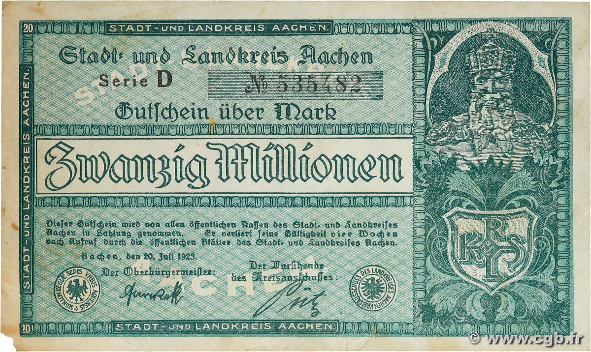 20 Millionen Mark GERMANY Aachen - Aix-La-Chapelle 1923  VF