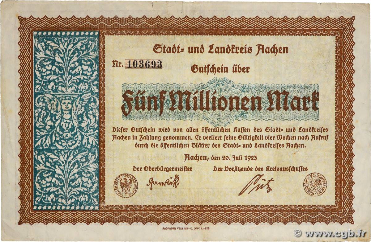 5 Millionen Mark ALLEMAGNE Aachen - Aix-La-Chapelle 1923  pr.TTB