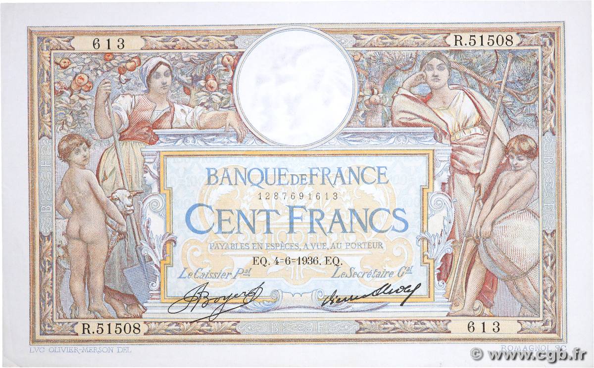 100 Francs LUC OLIVIER MERSON grands cartouches FRANCE  1936 F.24.15 TTB