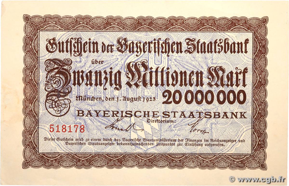 20 Millionen Mark ALLEMAGNE Münich 1923 P.- SPL