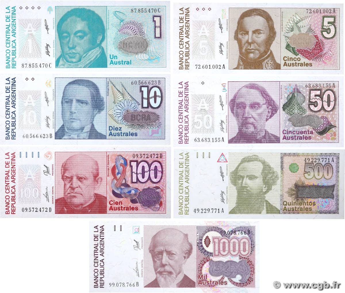 1, 5, 10, 50, 100 et 1000 Austral Lot ARGENTINE  1985 P.323 à P.329 NEUF