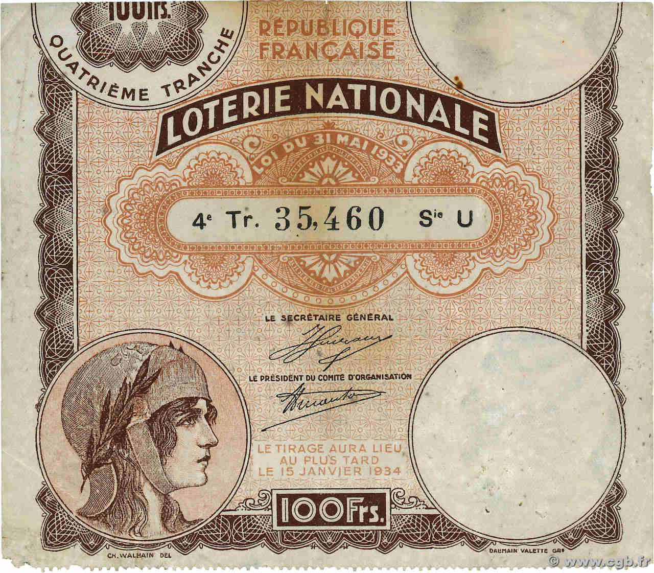 100 Francs Loterie FRANCE Regionalismus und verschiedenen  1934  SS