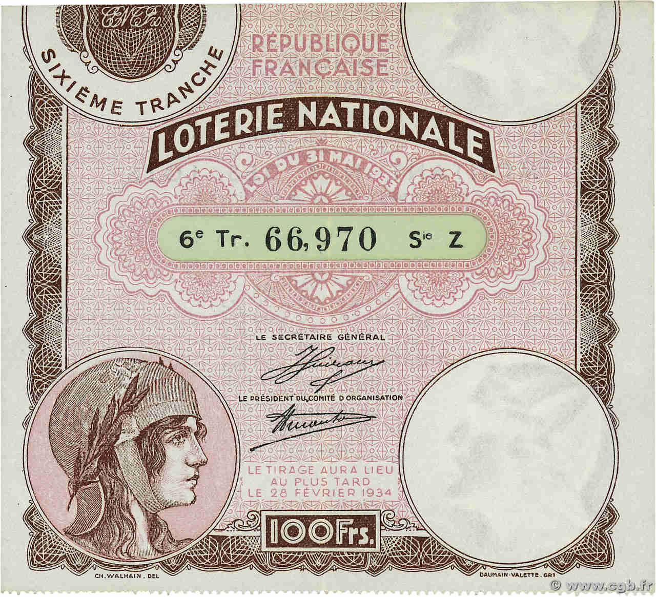 100 Francs Loterie FRANCE régionalisme et divers  1934  SUP+