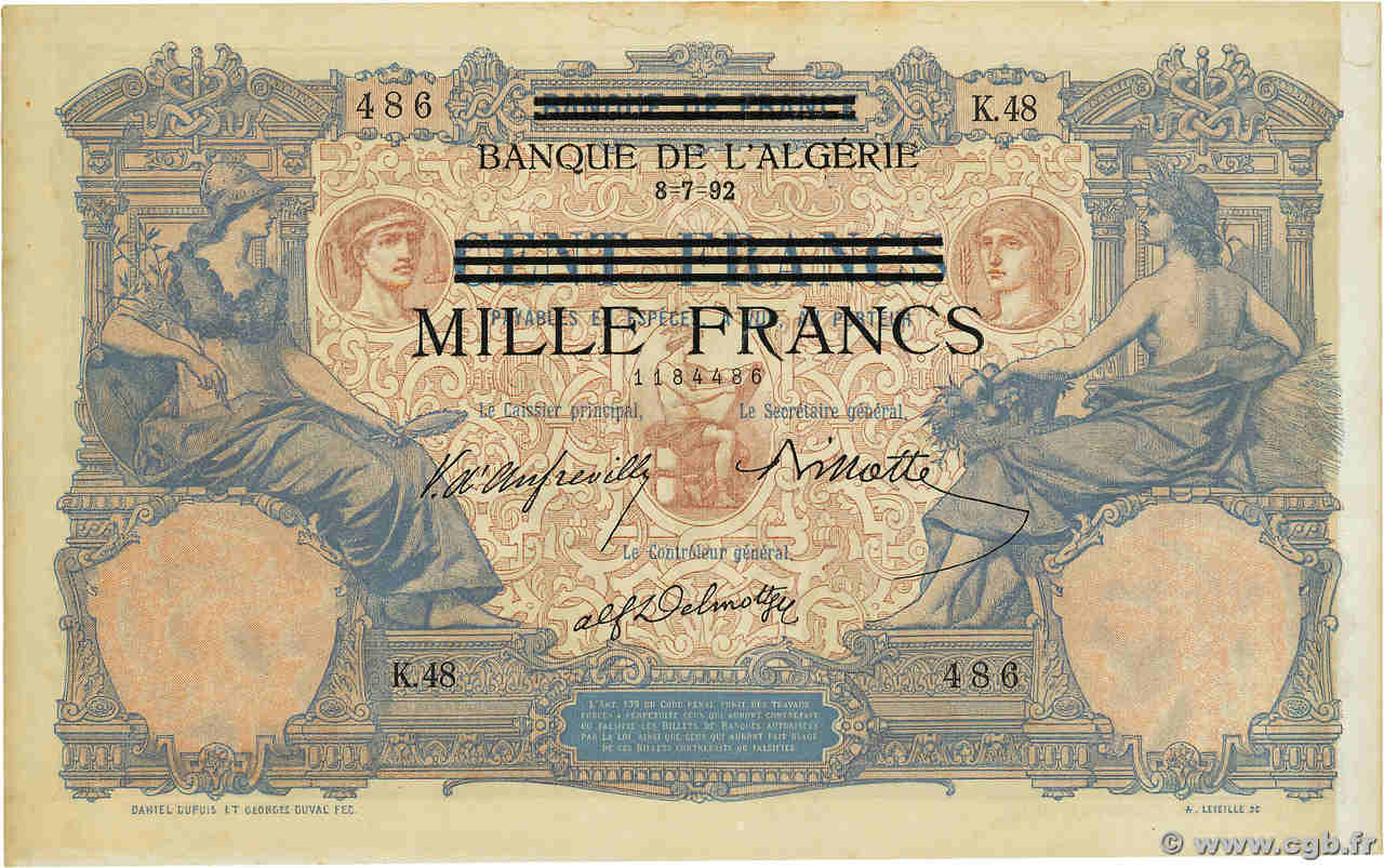 1000 Francs sur 100 Francs TUNISIE  1942 P.31 SUP+