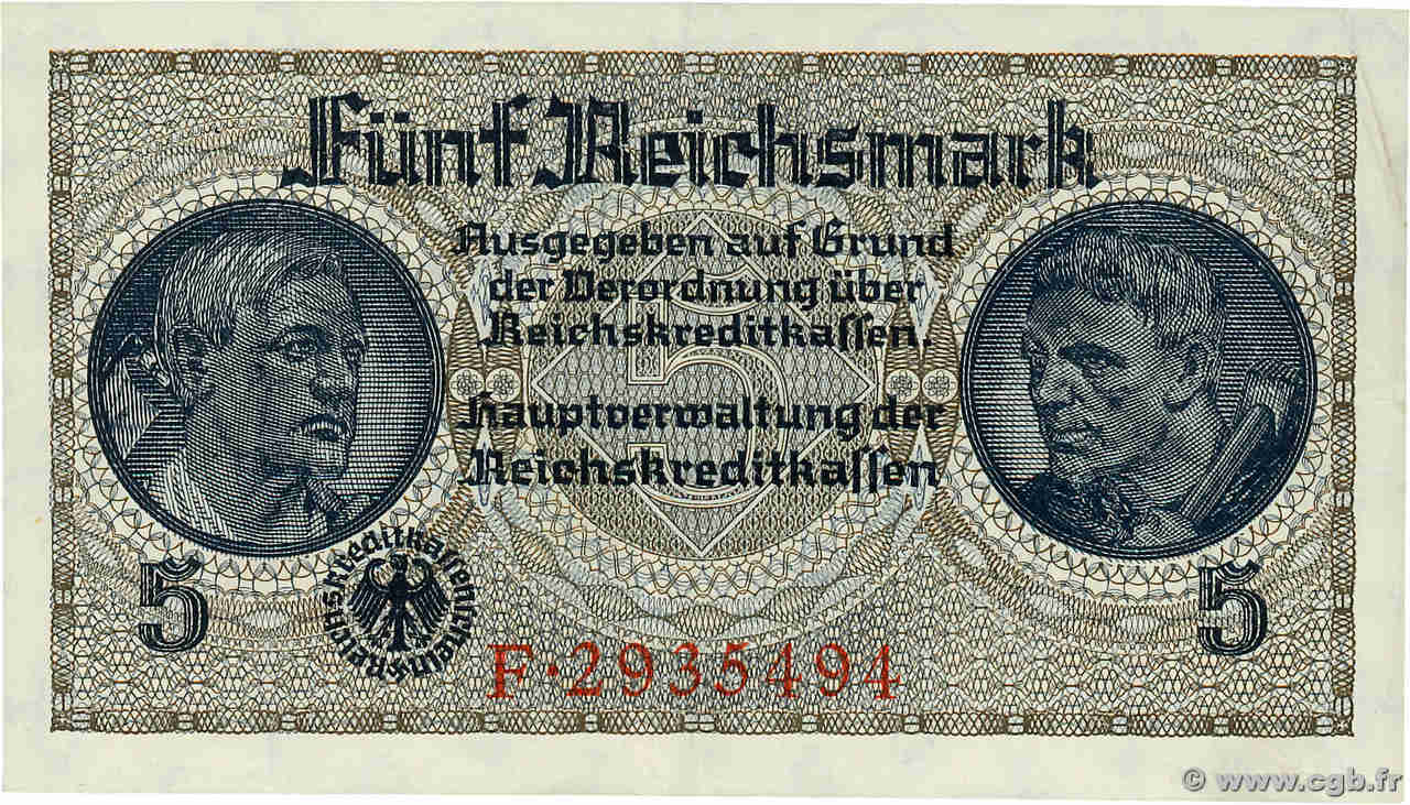 5 Reichsmark GERMANY  1940 P.R138a AU