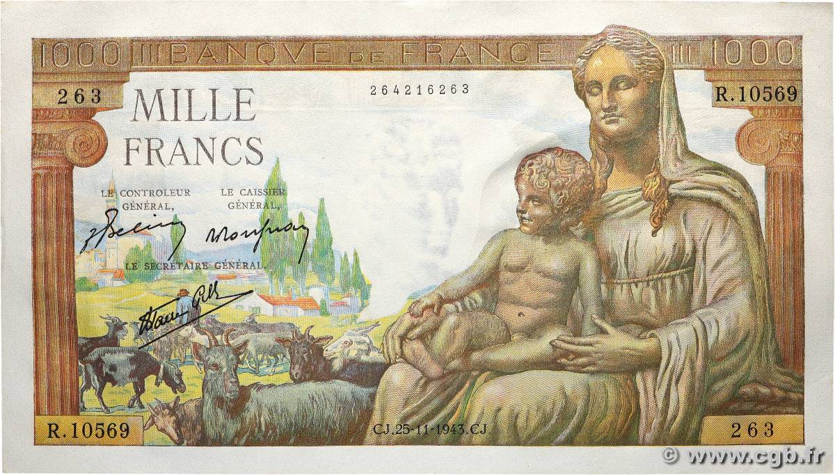 1000 Francs DÉESSE DÉMÉTER FRANCE  1943 F.40.41 pr.NEUF