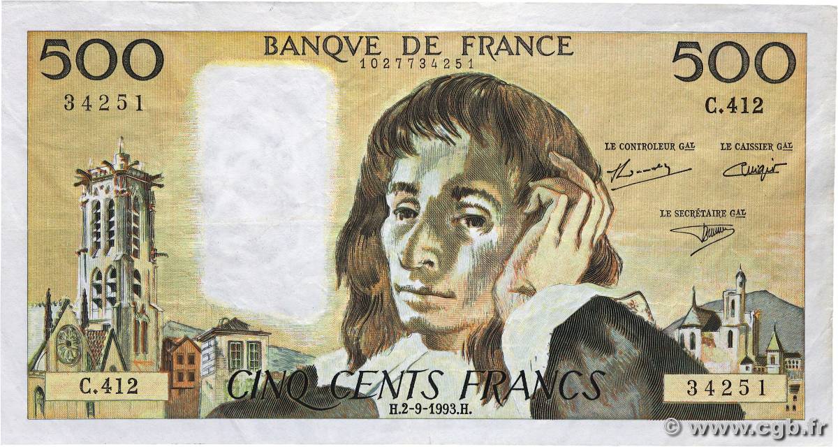 500 Francs PASCAL FRANCE  1993 F.71.52-412 TTB+