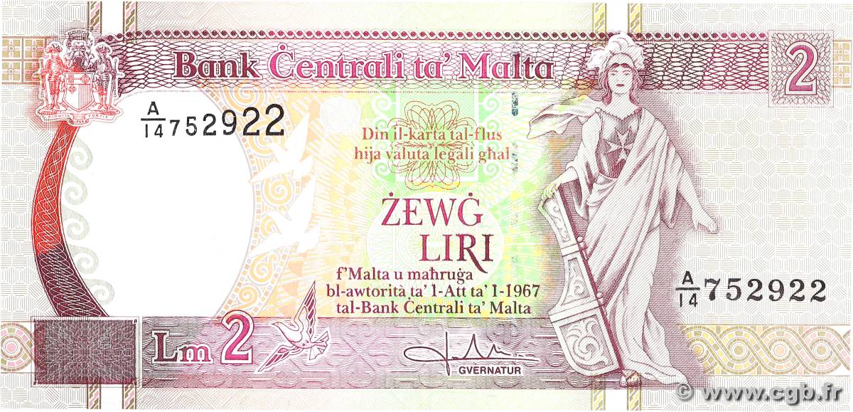 2 Liri MALTA  1989 P.45a VF