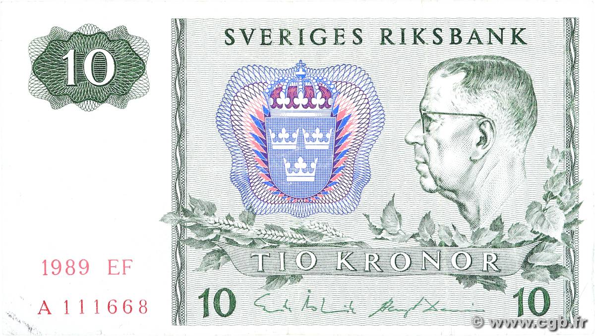 10 Kronor SWEDEN  1989 P.52e F+