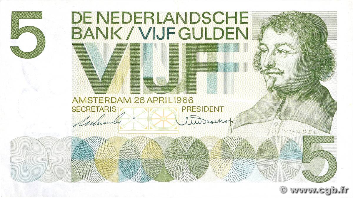 5 Gulden NETHERLANDS  1966 P.090a VF