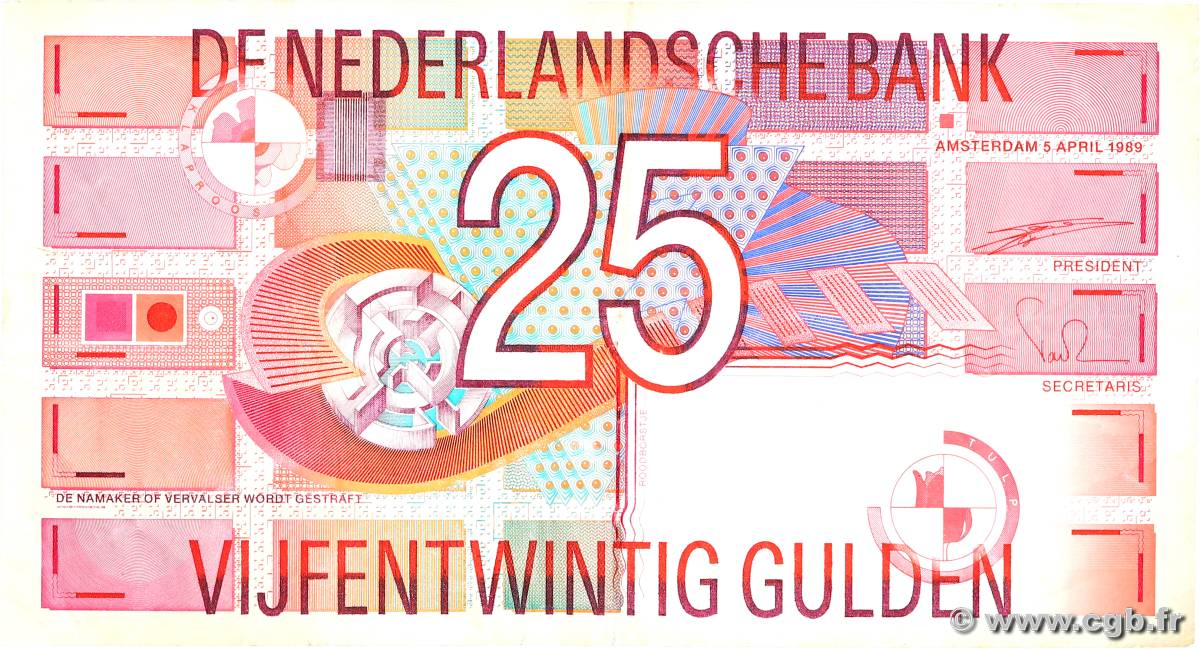 25 Gulden NETHERLANDS  1989 P.100 F+