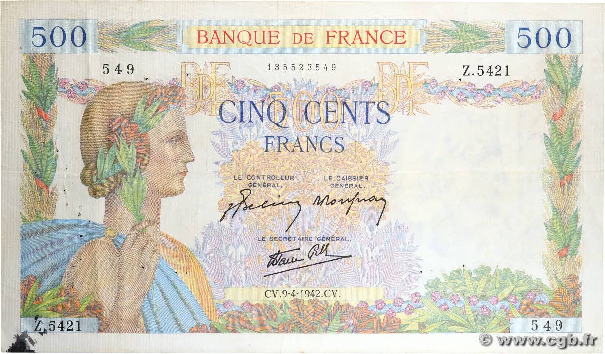 500 Francs LA PAIX FRANCE  1942 F.32.34 F