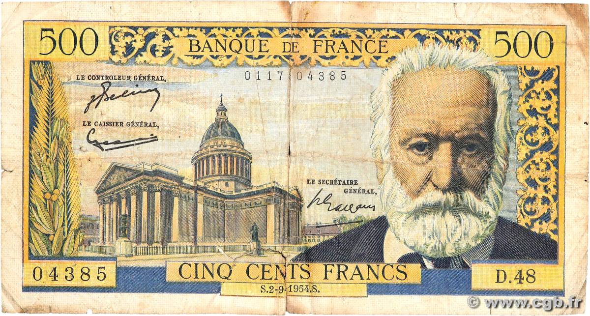 500 Francs VICTOR HUGO FRANKREICH  1954 F.35.03 SGE