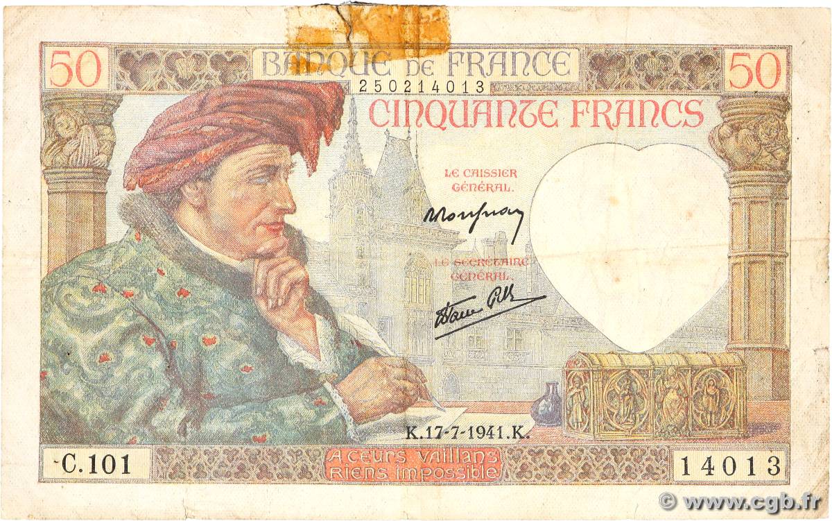 50 Francs JACQUES CŒUR FRANCIA  1941 F.19.12 q.MB