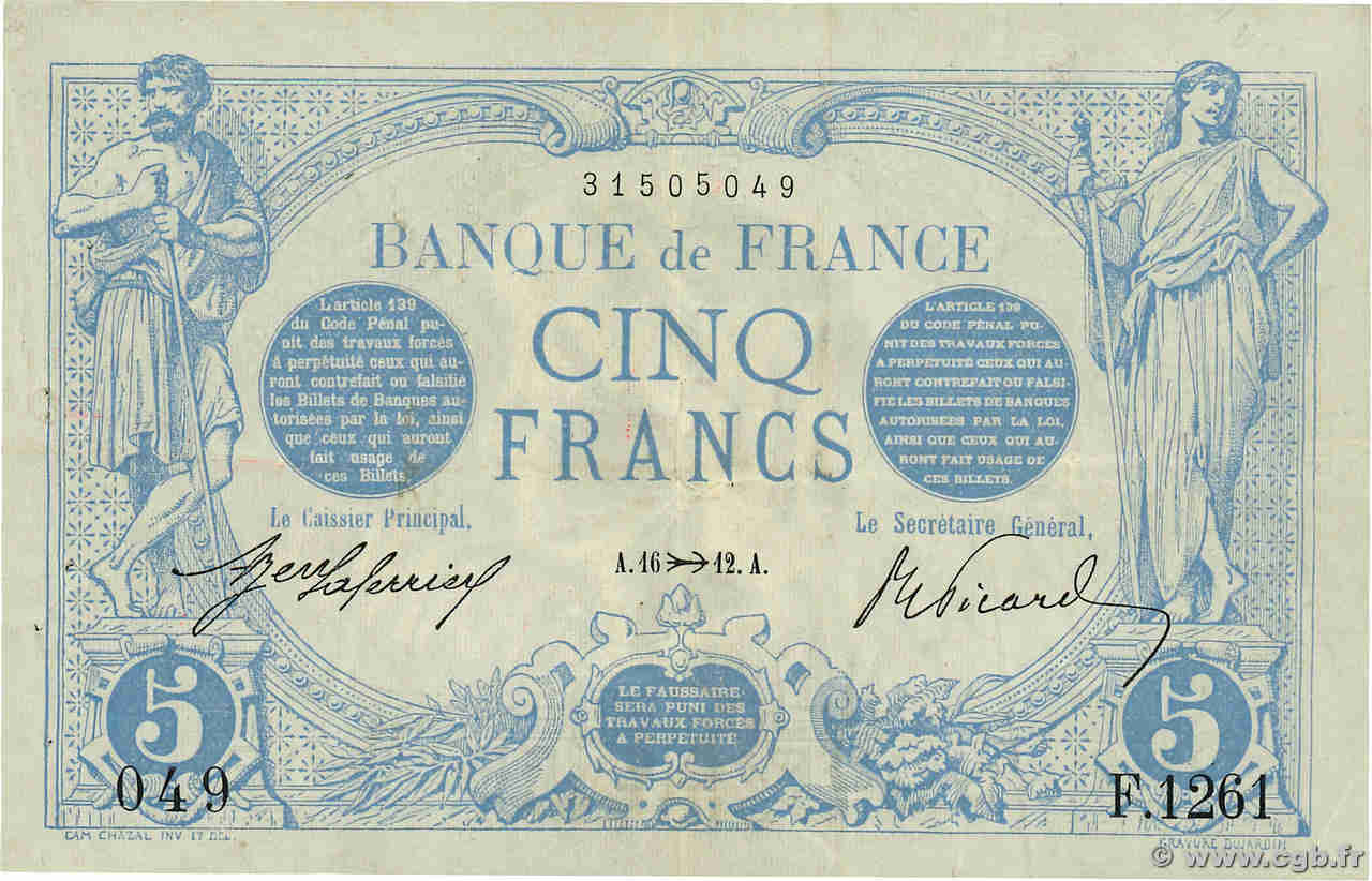 5 Francs BLEU FRANKREICH  1912 F.02.11 SS