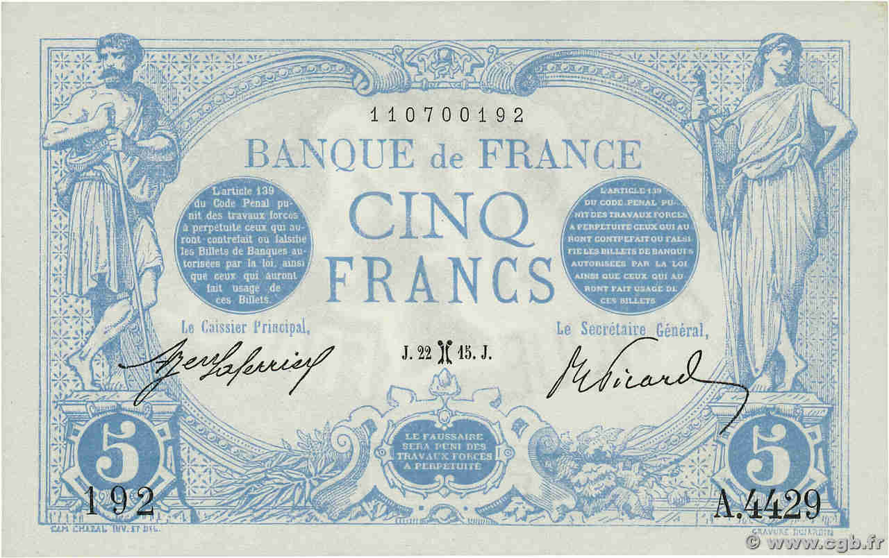 5 Francs BLEU FRANCIA  1915 F.02.24 EBC+