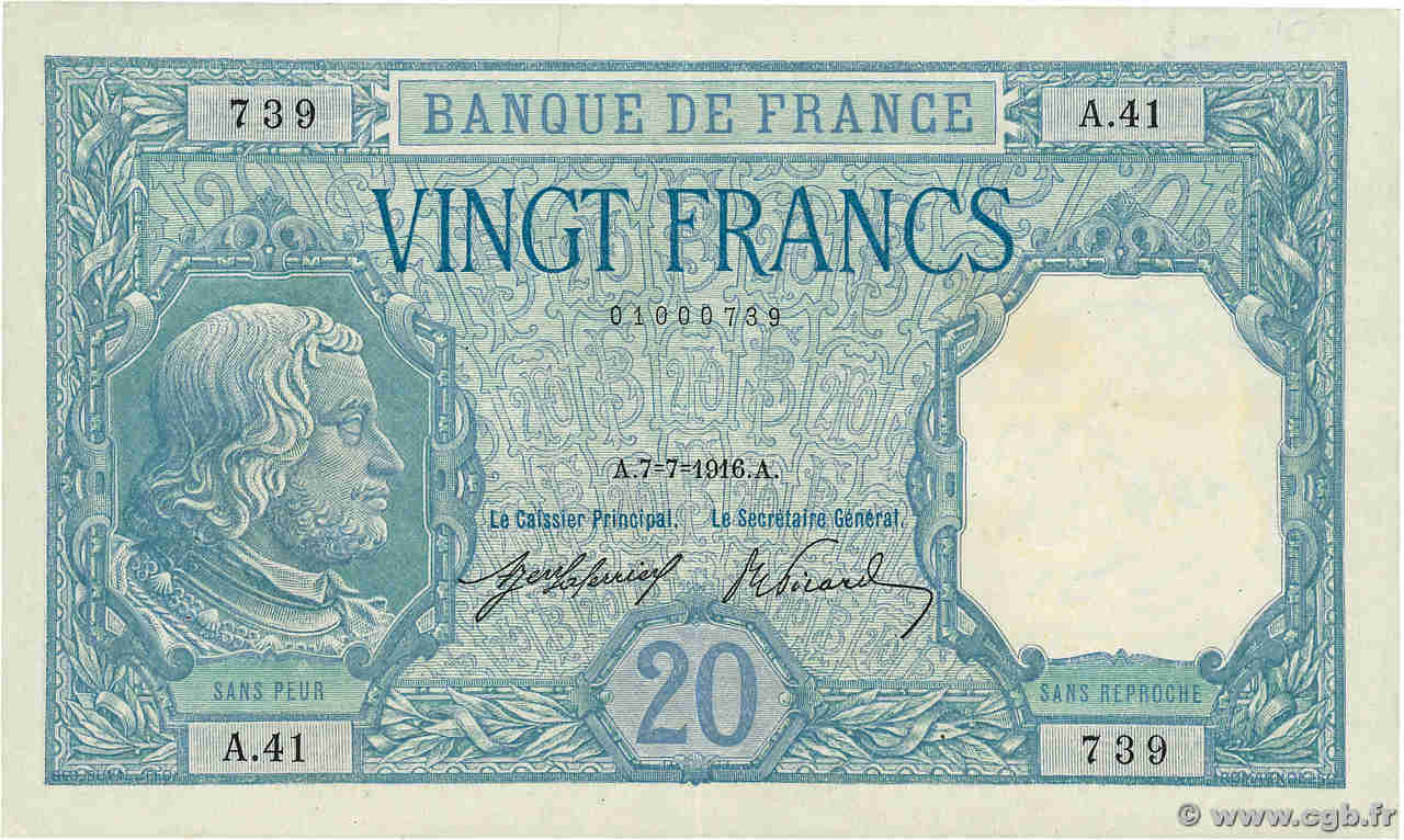 20 Francs BAYARD FRANCE  1916 F.11.01 XF