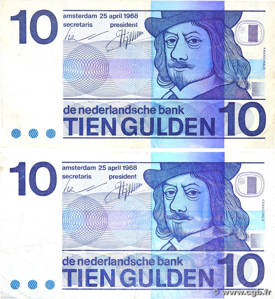 10 Gulden Lot NETHERLANDS  1968 P.091b F