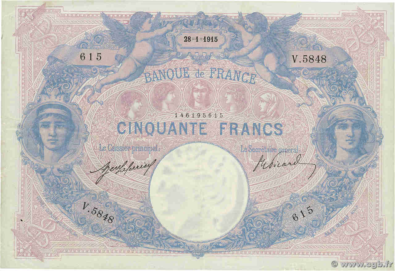 50 Francs BLEU ET ROSE FRANCIA  1915 F.14.28 MBC+