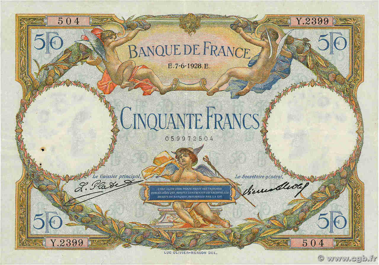 50 Francs LUC OLIVIER MERSON FRANCE  1928 F.15.02 TTB