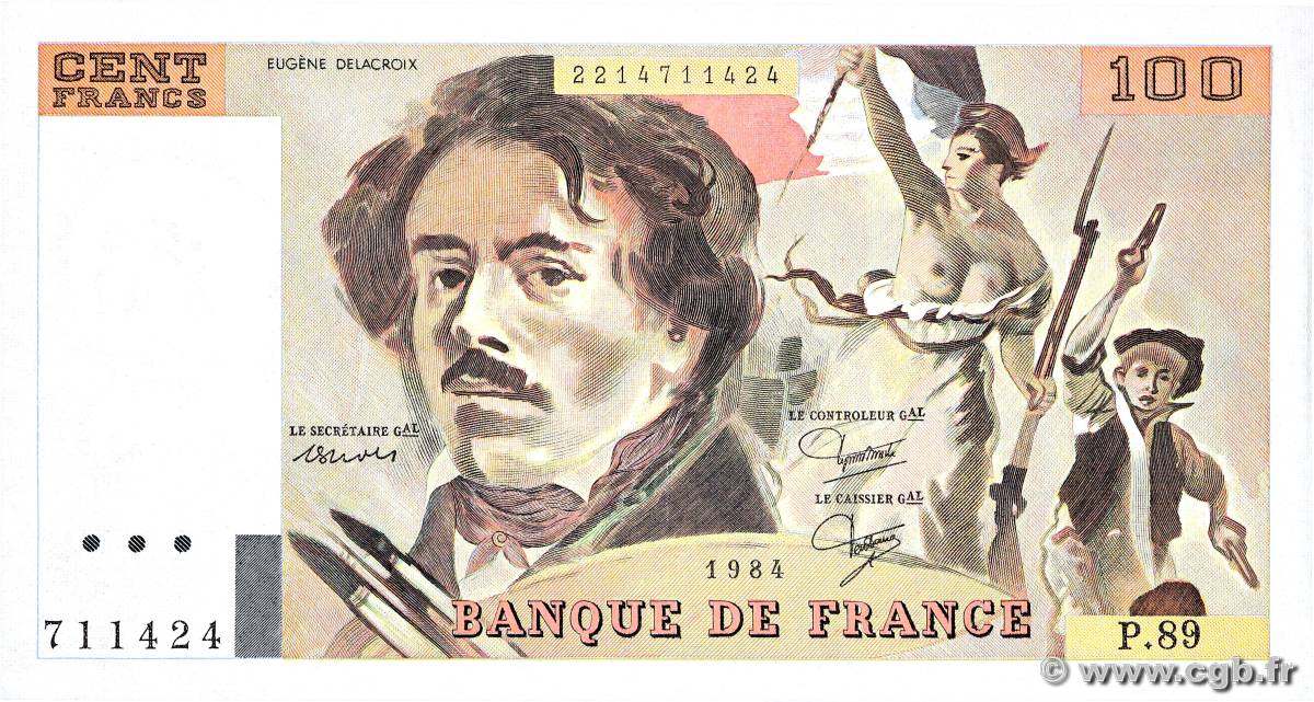 100 Francs DELACROIX modifié FRANCE  1984 F.69.08b SUP+