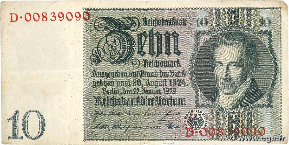 10 Reichsmark ALLEMAGNE  1929 P.180a TTB