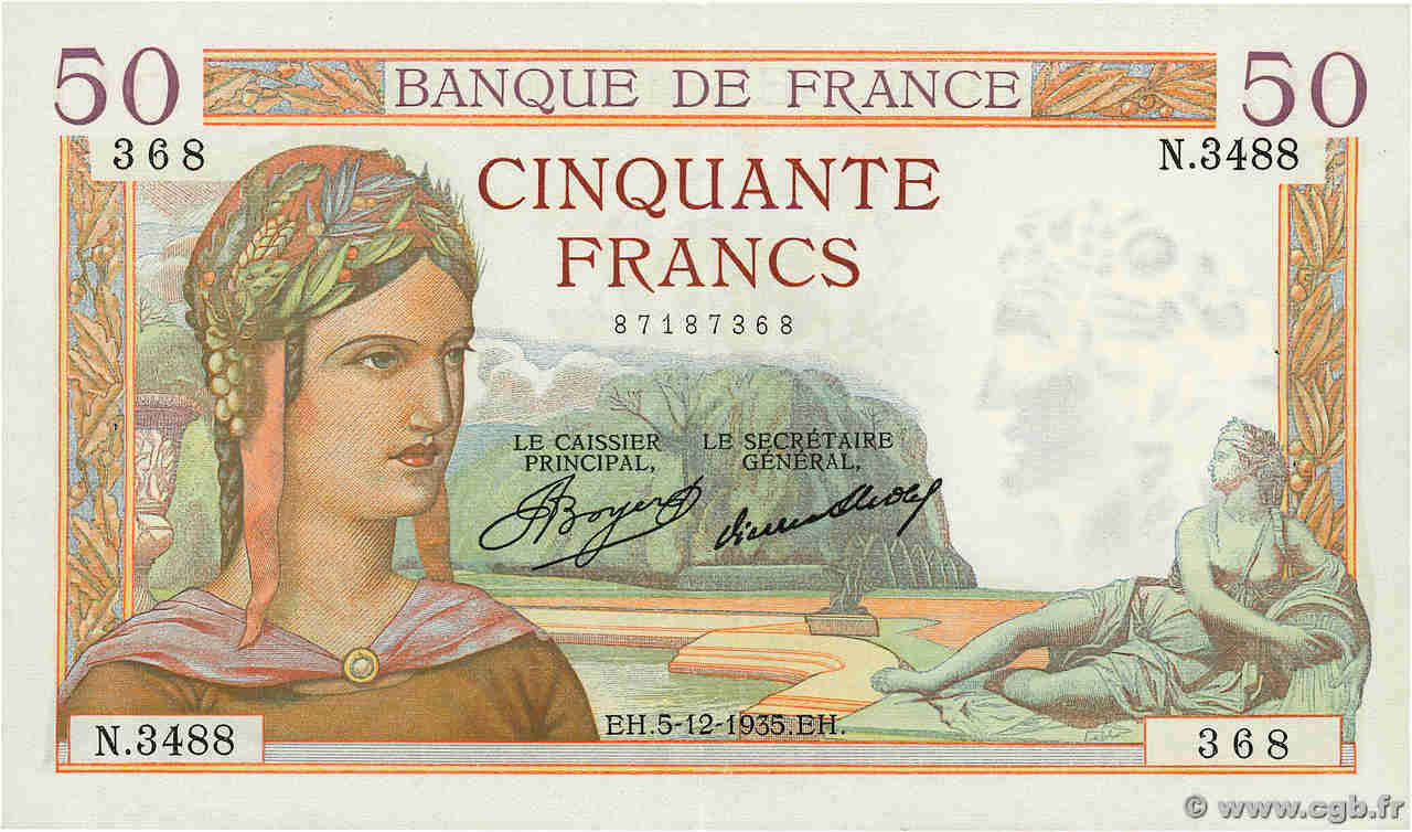 50 Francs CÉRÈS FRANCIA  1935 F.17.20 SPL+