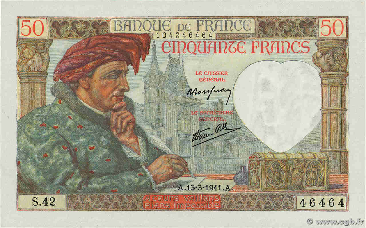 50 Francs JACQUES CŒUR Numéro radar FRANCIA  1941 F.19.07 FDC