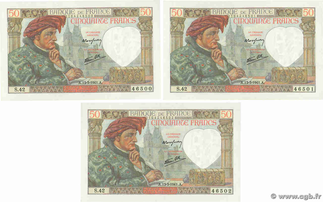 50 Francs JACQUES CŒUR Consécutifs FRANCE  1941 F.19.07 UNC