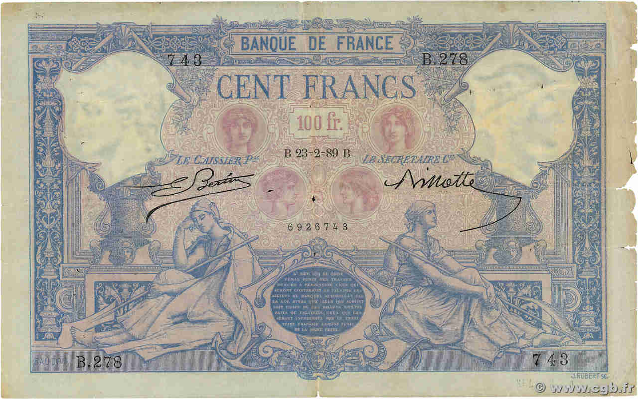 100 Francs BLEU ET ROSE FRANKREICH  1889 F.21.02 S