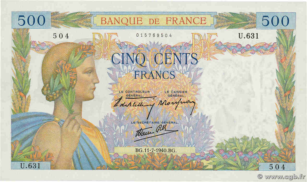 500 Francs LA PAIX FRANCE  1940 F.32.04 AU