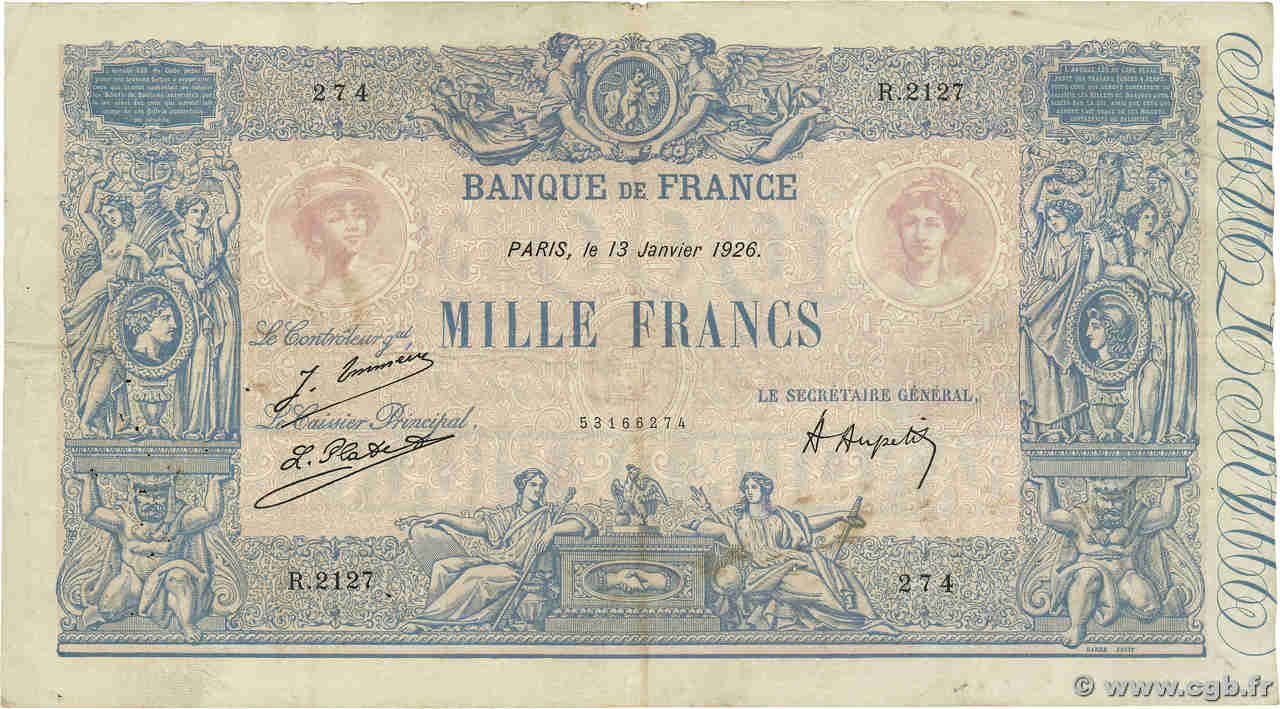 1000 Francs BLEU ET ROSE FRANCE  1926 F.36.42 pr.TTB